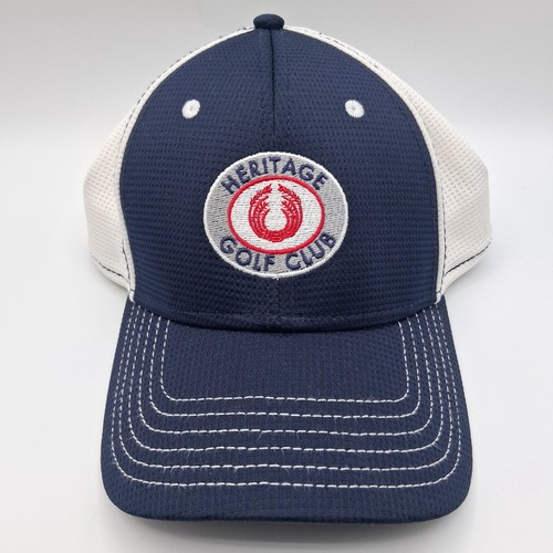 Heritage Golf Club Hat Cap One Size Stretch Blue White Vented Back Red Logo