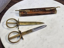 VINTAGE 3-PIECE DESK SET WITH SCISSORS AND LETTER OPENER - HAND CARVED WOOD 11"