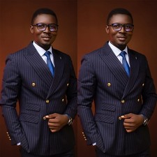 Navy Blue Striped Men's Suits Double Breasted Peak Lapel Formal Wedding Tuxedo