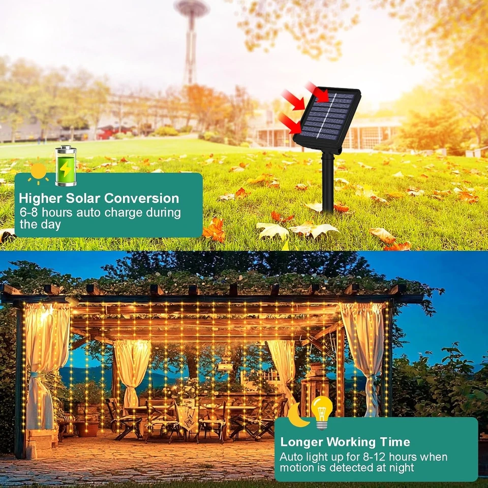 Solar Curtain Lights 7.9ft x 6ft 144 LED Outdoor 7.9Ft x 6Ft, Warm White - Image 3 of 4