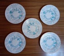 5 vintage tea plates turquoise blue on white, wild rose decoration in good order