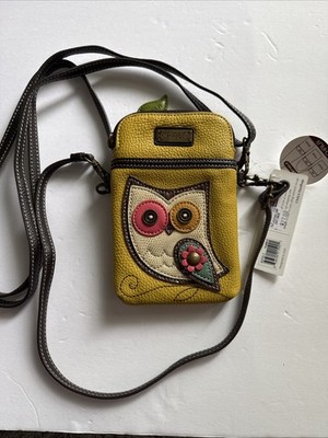 Chala Crossbody Bag Owl Yellow Vegan Leather Purse Handbag Phone Pocket NEW!