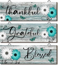 Geetery 3 Pcs Thankful Grateful Blessed Wooden Signs Rustic Daisy Wood Teal 