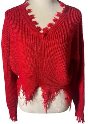 Sweater Metallic Thread Cropped Knit Sz S Ragged Fringed Holiday Grunge