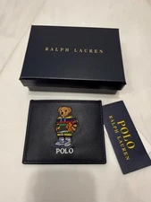 NEW Polo Ralph Lauren BASKETBALL BEAR Leather Slim Card Case Wallet - BLUE