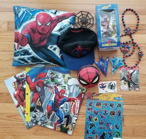 Spiderman lot pillow folder Avengers jet sticker tattoo hat ball bobble beads