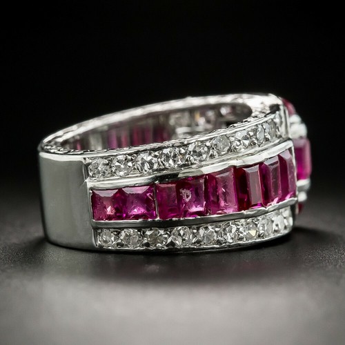 Anillo Vintage Brillante Fila Vibrante Rojo Forma Baguette 1.60 CT Rubíes Creado en Laboratorio - Imagen 3 de 7