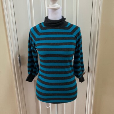 Express Design Studio Women s Blue and Gray Striped Mock Neck Sweater Top Size S