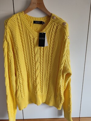 Ralph Lauren Damenpullover gelb X Large Größe Zopfmuster Markenetikett UVP 189 