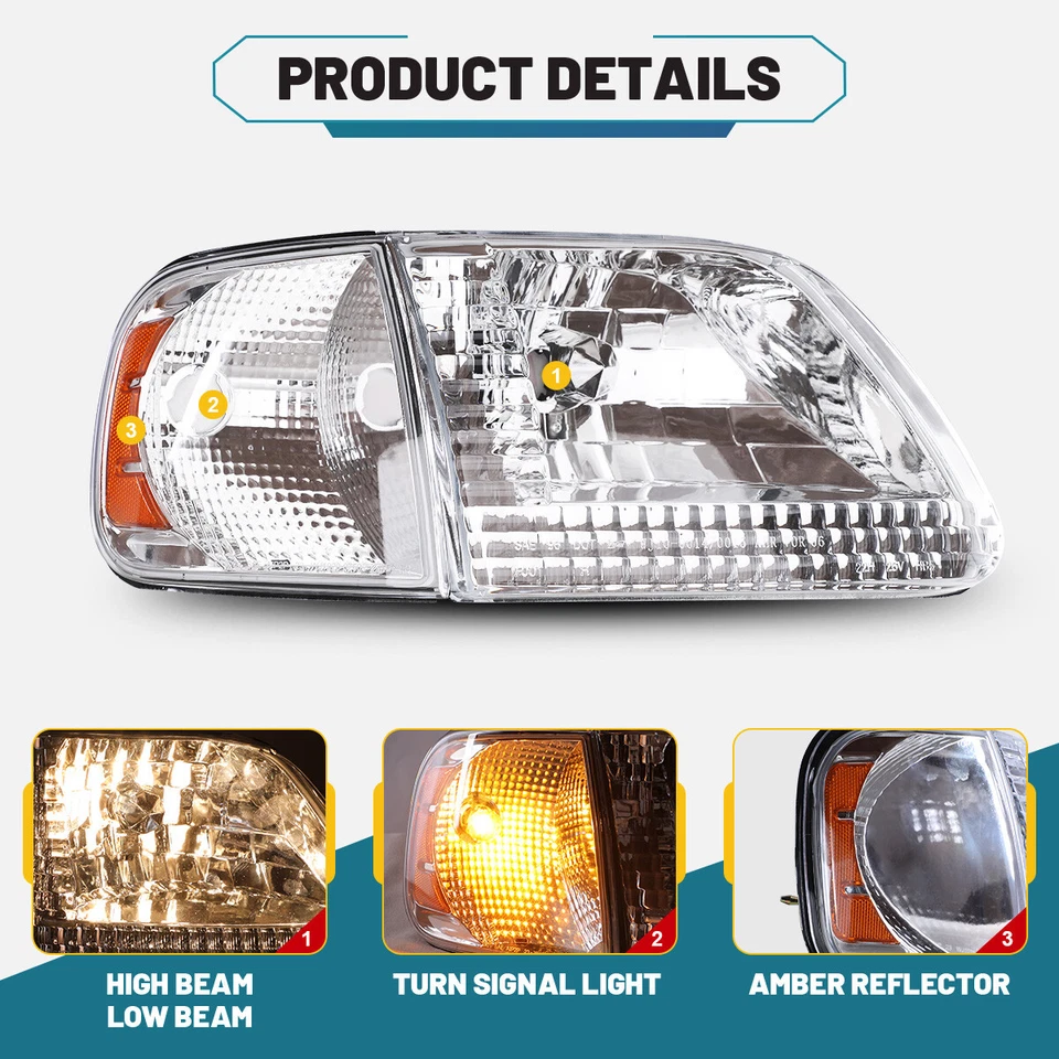 Headlights For 1997-2003 Ford F-150 97-99 F-250 XLT XL Front Driving Headlamp - Image 3 of 4
