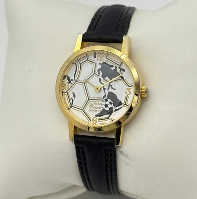 Ladies CARDINI Gold Tone Soccer / Football Style Mystery Dial Watch, Black Band