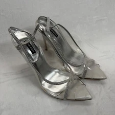 Nine West Slingback Heels Rhinestone Pointed Toe Stiletto Silver 10.5M