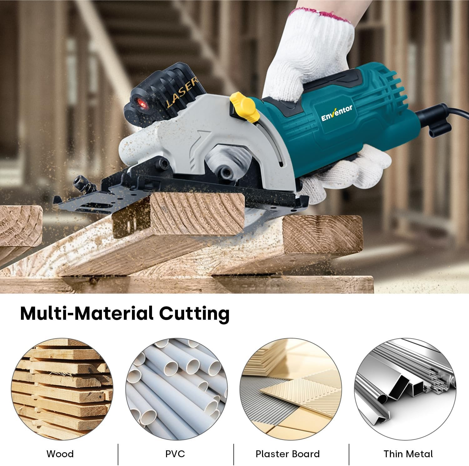 Compact Mini Circular Saw with Laser Guide, 4.8A, 3 Blades, 4000RPM