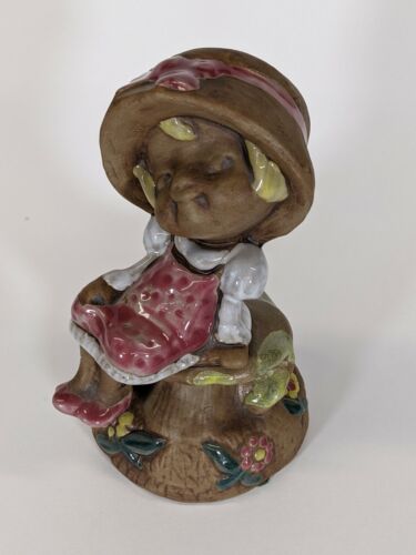 Vintage USA Girl Sitting On Mushroom Pottery Stoneware 7" - Picture 1 of 7
