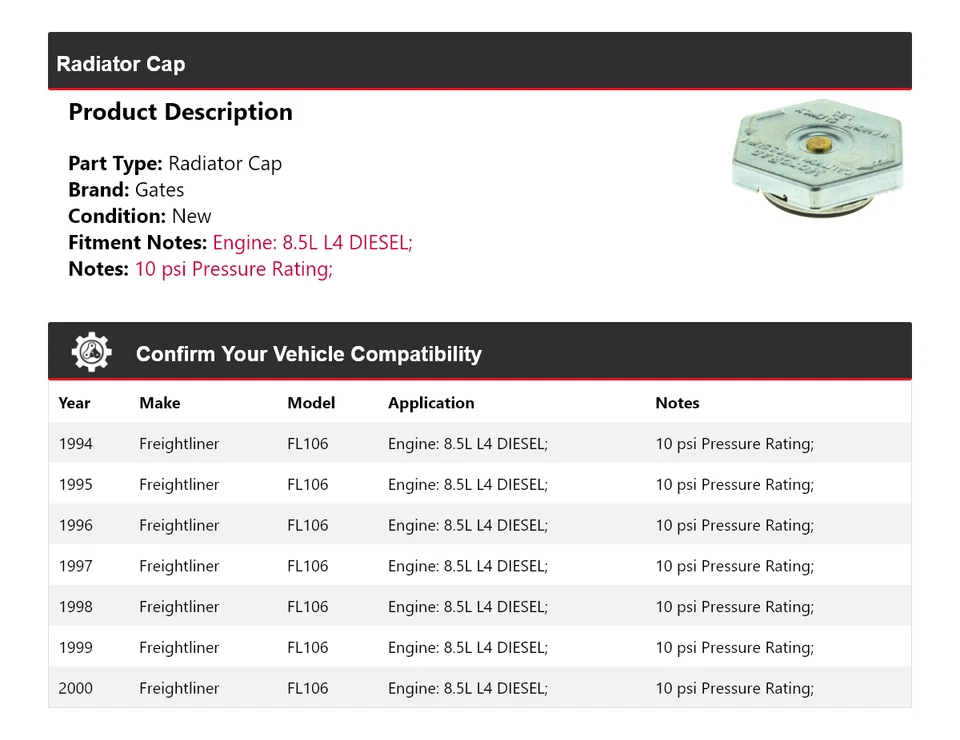 Para Freightliner FL106 1994-2000 8,5 L L L4 diésel tapa radiador puertas 1995 1996 Foto 2 de 4