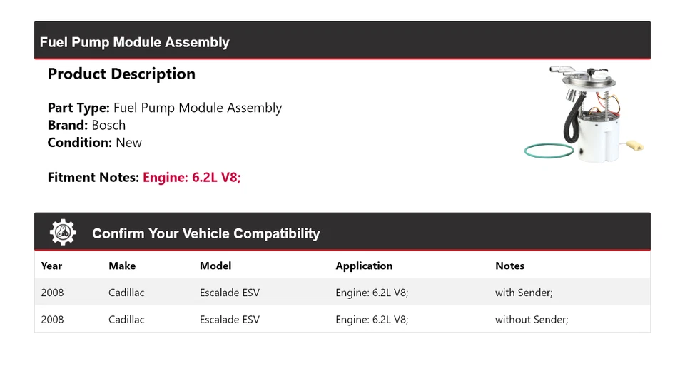 Conjunto de módulo de bomba de combustible Bosch V8 6,2 L ESV 2008 para Cadillac Escalade ESV Foto 2 de 4