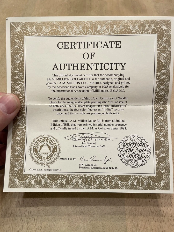 Million Dollar Bill - IAM Collector Series 1988 With Cert of Auth & Paperwork - Image 4 of 4