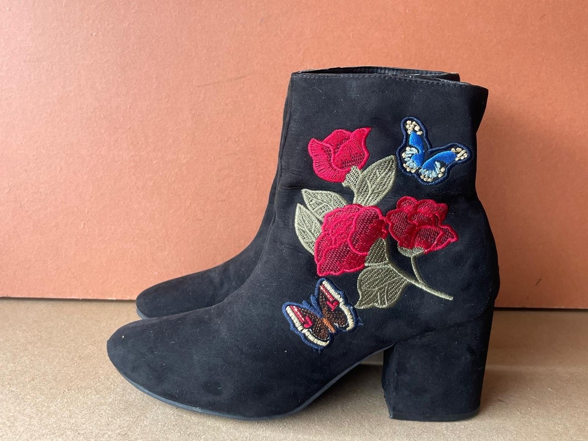 Primark Women's Black Flower Embroidered Ankle Boots Shoes UK