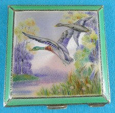 Art Deco Sterling Silver Guilloche Enamel Compact Ducks River Henry C Davis 1949