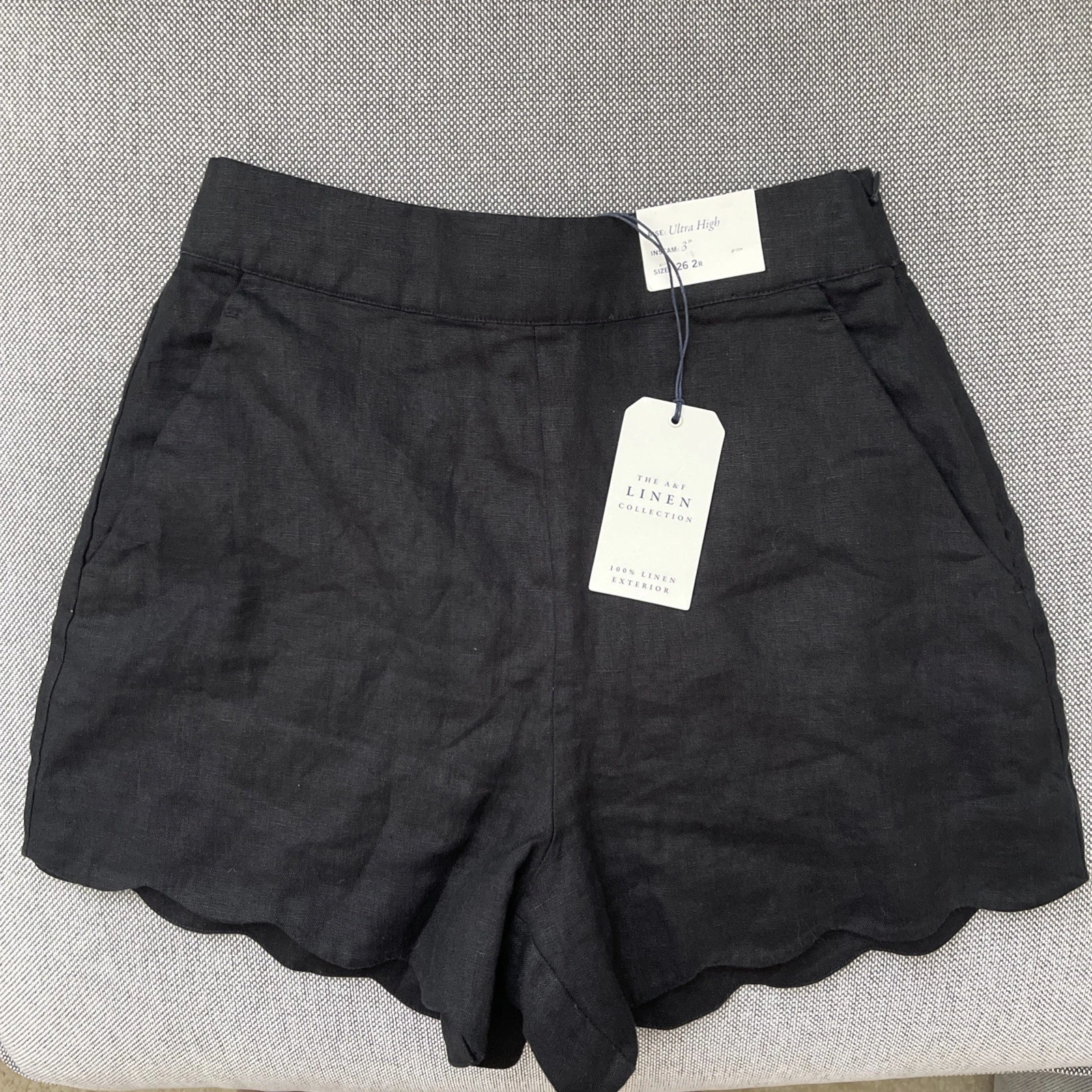 NWT Abercrombie & Fitch Black Linen Ultra High Waist Shorts / Cotton Lined / 26