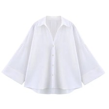 Women Oversized Shirt Wide Sleeve Blouse Linen Look Casual UK 8-14