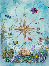 Tropical Ocean Nautical Map Print Set, Multicolor Ocean Animals Wall Art
