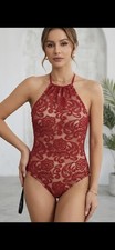 NWT Red Floral Lace Bodysuit Teddy with Nude Lining and Strappy Back Papaya Sz S