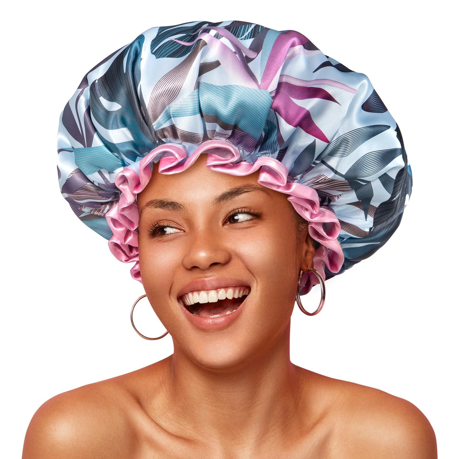 mikimini Waterproof Shower Cap for Women, Extra Large, Tropic