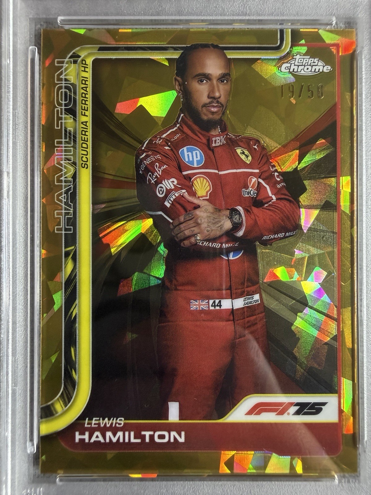 PSA 10 - 2025 Topps Chrome SAPPHIRE LEWIS HAMILTON GOLD /50 Ferrari view 3