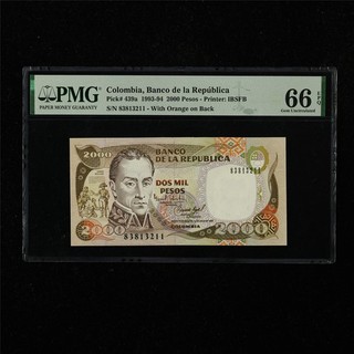 1993 94 Colombia Banco de la Republica 2000 Pesos Pick#439a PMG 66 EPQ Gem UNC