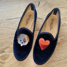 Del Toro  Dog Heart Velvet Embroidered Loafers Slippers Flats womens Size 8 Navy