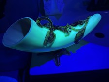 “Stevens & Williams” UV Reactive Glass Cornucopia Applied Amber Flowers 12” RARE