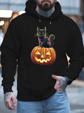 Mens Halloween Hoodie, Black Cat Glow Pumpkin Print, Cozy Casual Fall Party Top