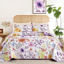 Floral Quilt Set Queen Size, Lavender Summer Sunflower Queen 96"x90" Purple