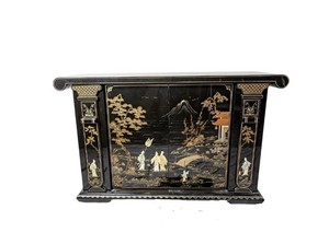 VTG Japanese Black Lacquer Gloss Mother of Pearl Inlay Credenza Commode Cabinet