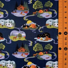 Fabric Traditions Camper RV Tent Camping Scene Blue YARD