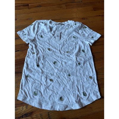 LOFT White V Neck Short Sleeve Embroidered Pineapple T Shirt Top Womens XS