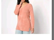 Barefoot Dreams CozyChic Ultra Lite Notch V-Neck Tunic Sweater Salmon Pink Med