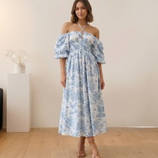 Toile De Jouy Dress Elegant Smocked Bodice Gown Puff Sleeve Vacation Beachwear