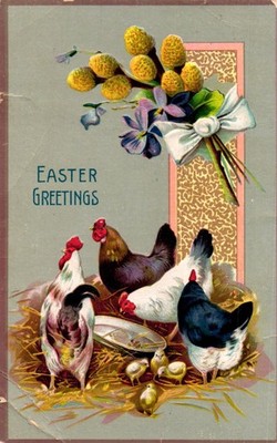 Antique Posted 1912 Easter Greetings Postcard Chickens Chicks Spring Flowers L7