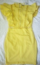 Women size Smsll yellow ruffle cap sleeve eyelet crochet cocktail short dress