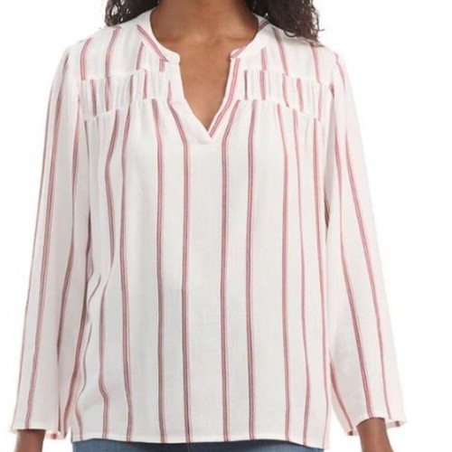 SPLENDID Ladies Linen Blend Blouse Top Sz L Yoked Red Wht Strip V Neck Shirt NWT