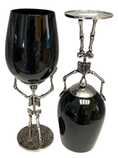 2 Skeleton Wine Glasses Goblet Gothic Halloween Silver Metal Black Glass NEW