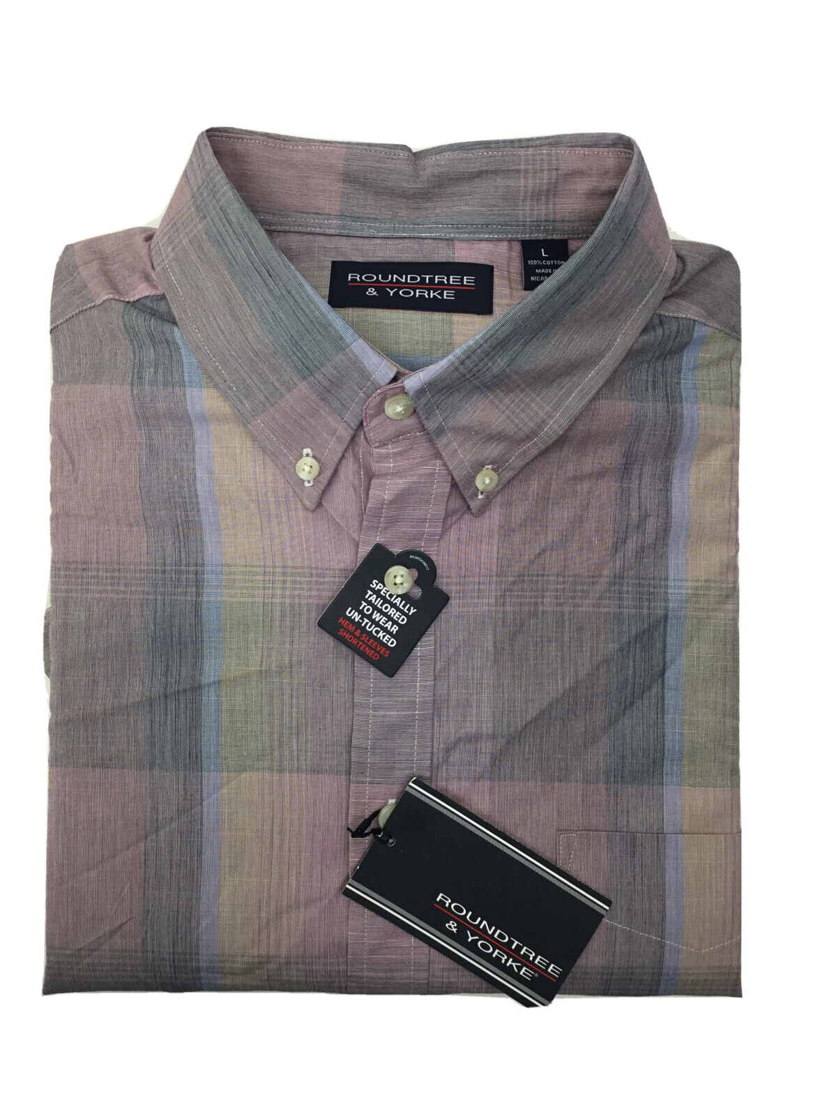 Roundtree and Yorke, Мужская рубашка с коротким рукавом, Винтажный сливовый цвет, Клетка, Lg