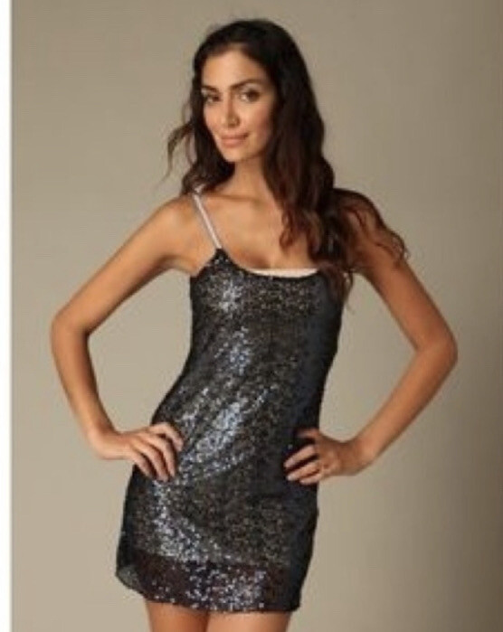 Intimately Free People Sheer Sequin Slip Dress Black Silver M