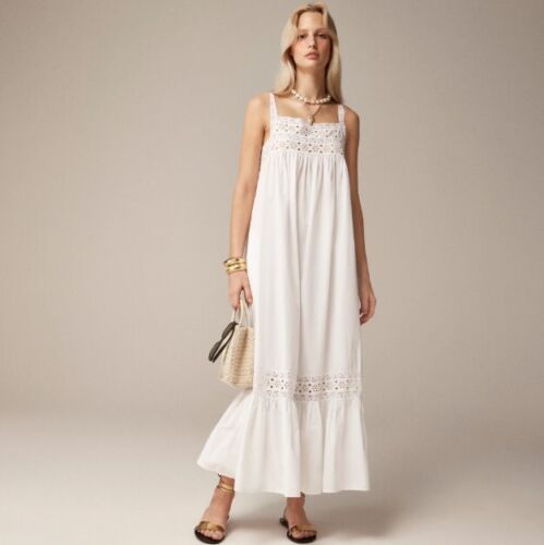 J. Crew Maxi Dress Womens L White Athena Cotton Poplin Eyelet Ruffle Beach Boho