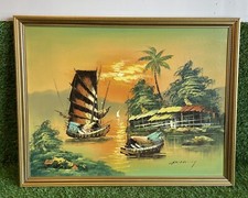 GORGEOUS  Vintage ‘Chinese Junk Fishing Boats’ Original Oil Painting Sunset