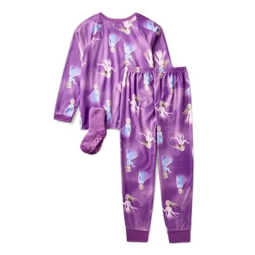 Disney Frozen Girl's Elsa Purple Flannel Pajama Set with Socks, Size L 10/12 - 第 2/4 張圖片