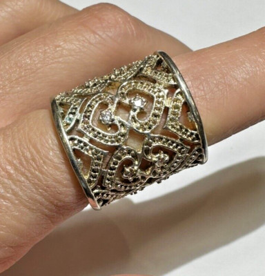 Wide Sterling Silver 925 Shiny Heart CZ Heart Filigree Cuff style 5.5 Ring Da1