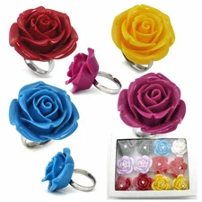 6 pcs Women Girl  Assorted Color Stainless Steel 34MM Plastic ROSE FLOWER Ring 